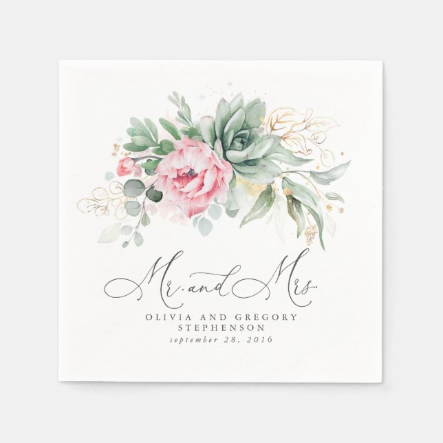 Guardanapo De Papel Casamento com flores Douradas e rosa (Frente)