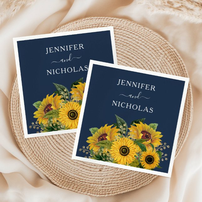 Guardanapo De Papel Casamento com flores solares azuis do Marinho Eleg (Elegant Navy Blue Sunflowers Wedding Napkins)