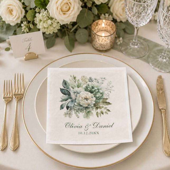 Guardanapo De Papel Casamento com Flores Verde Sálvia e Marfim Boho (Boho Sage Green and Ivory Flowers Wedding Napkin on a wedding dinner table with flowers and candle)