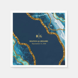 Guardanapo De Papel Casamento com Glitter de Geodo Agato Azul e Dourad