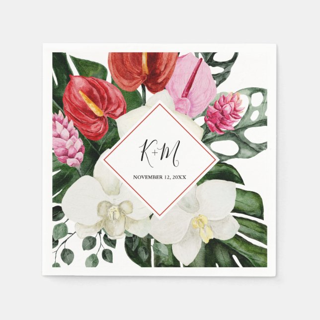 Guardanapo De Papel Casamento com Orquídea Flor Tropical Monstera Wate (Frente)