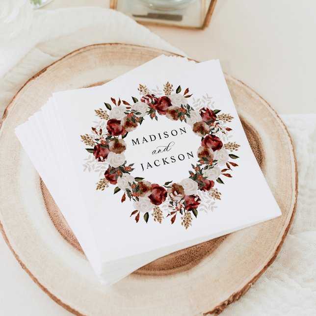 Guardanapo De Papel Casamento com Rosas Rústicas Burgundy e Marfim (Criador carregado)