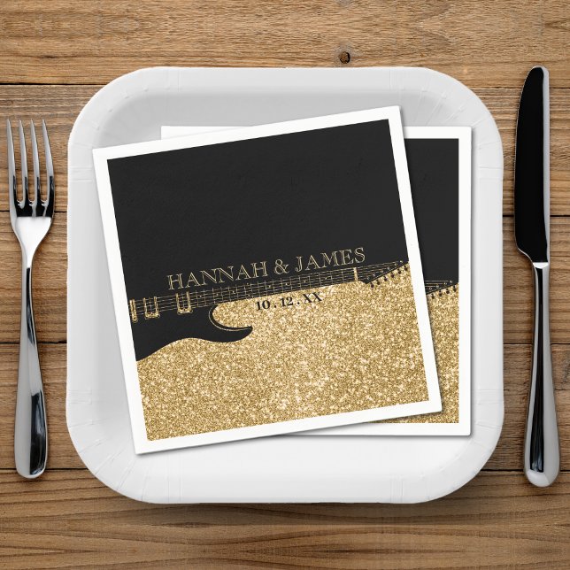 Guardanapo De Papel Casamento com Violão Negro e Dourado (Black & Gold Glitter Guitar Wedding Napkins)