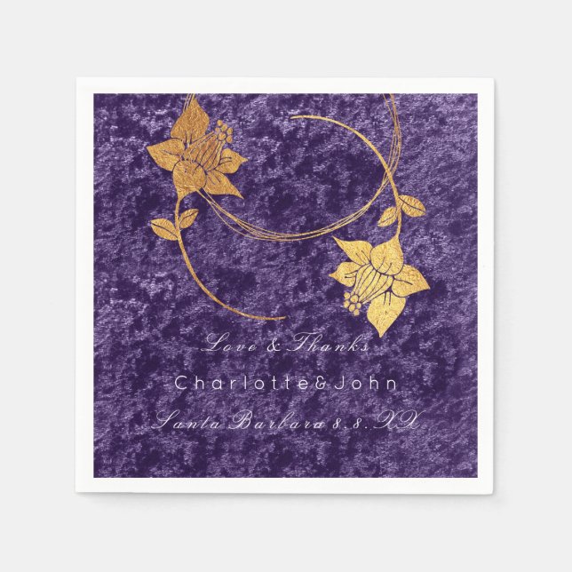 Guardanapo De Papel Casamento com Violet Wreath Dourado Floral Velvet  (Frente)