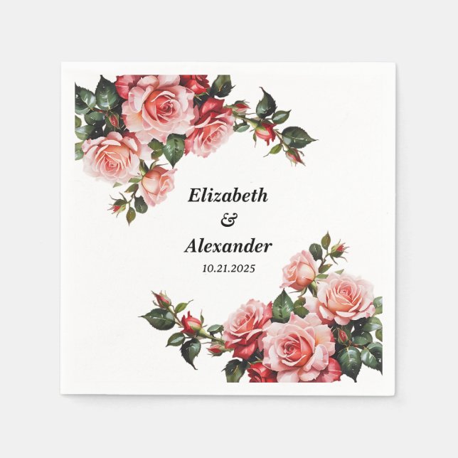 Guardanapo De Papel Casamento cor-de-rosa e rosas vermelhas (Frente)
