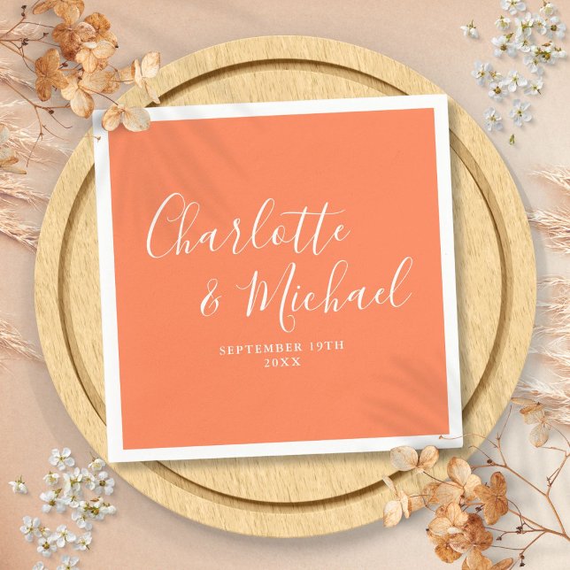 Guardanapo De Papel Casamento Coral Elegant Signature Script (Coral Elegant Signature Script Wedding Napkins)