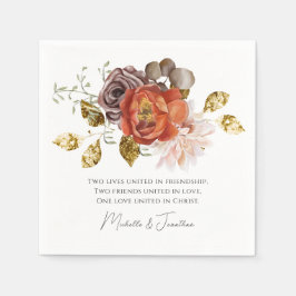 Guardanapo De Papel Casamento Cristão Floral Dourado com Blush Laranja