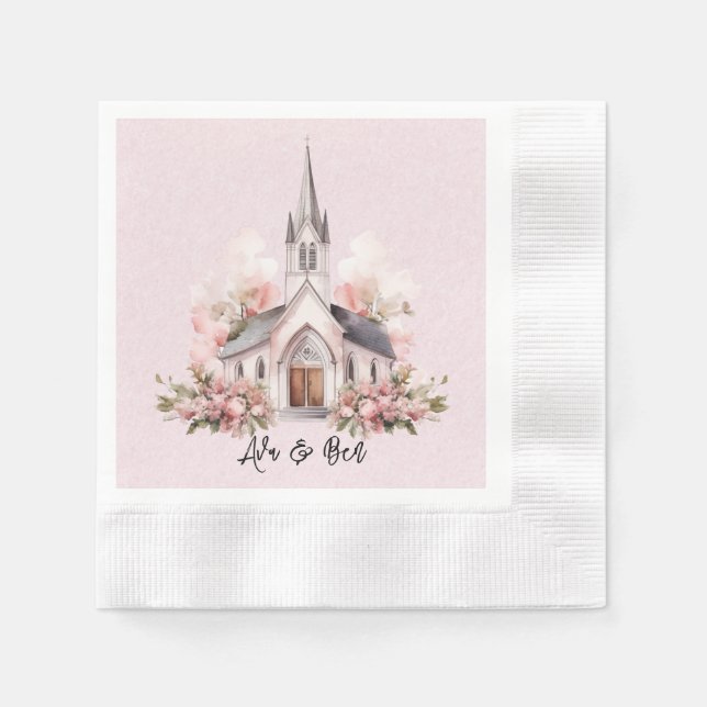 Guardanapo De Papel Casamento da Igreja de Aquarela Rosa (Frente)