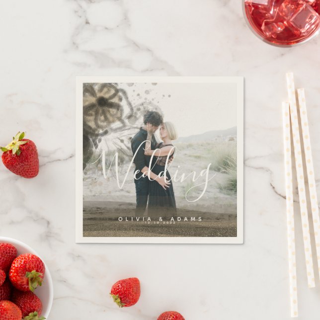 Guardanapo De Papel Casamento de Abstrato Floral Dourado com Foto do C (Insitu)