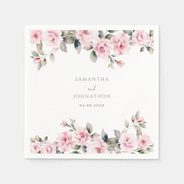 Guardanapo De Papel Casamento de Aquarela Floral Rosa Elegante (Frente)