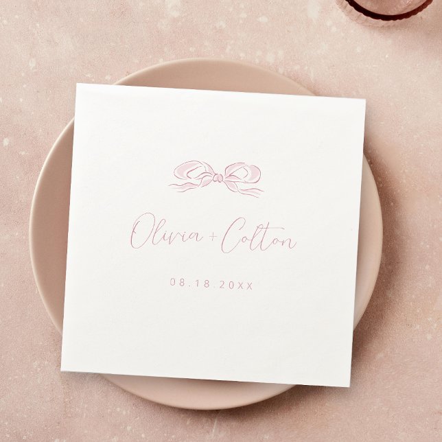 Guardanapo De Papel Casamento de Arco Redesenhado à Mão Elegante Paste (Elegant Pastel Pink Hand Drawn Bow Wedding Napkins)