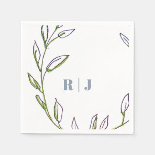 Guardanapo De Papel Casamento de Arte com Folha Verde Azul Dusty Monog