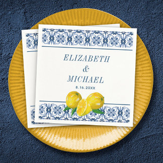 Guardanapo De Papel Casamento de Azulejo Azul Italiano com Limão de Aq