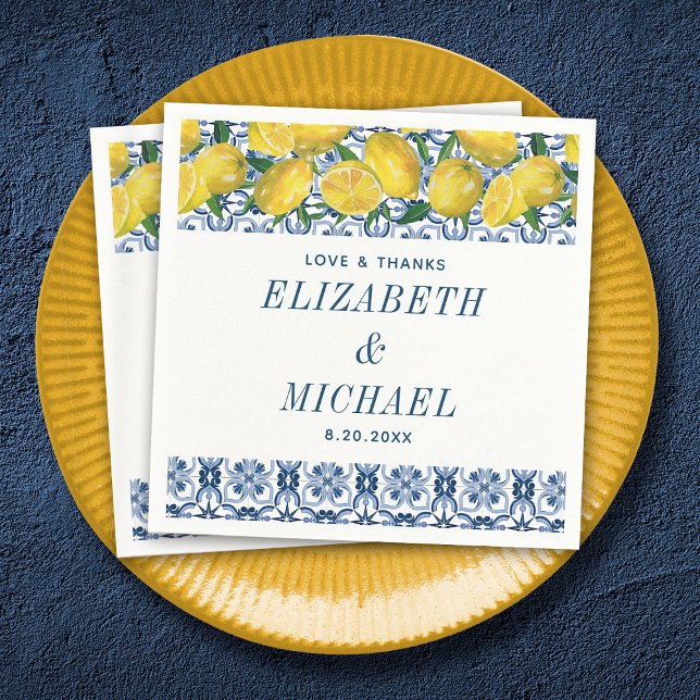 Guardanapo De Papel Casamento de Azulejo Azul Italiano com Limão de Aq (An elegant Mediterranean lemon wedding napkin)