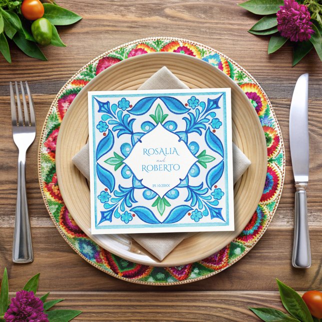 Guardanapo De Papel Casamento de azulejos de Aqua Blue Talavera monogr (Aqua Blue Talavera tiles monogrammed wedding Napkins template vintage Mexican wedding table decor)