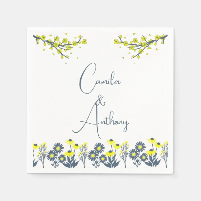Guardanapo De Papel Casamento de Boho Floral de Flor Azul Amarelo (Frente)