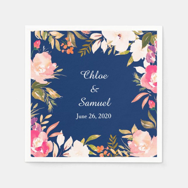 Guardanapo De Papel Casamento de Borda Floral Coral Rosa (Frente)