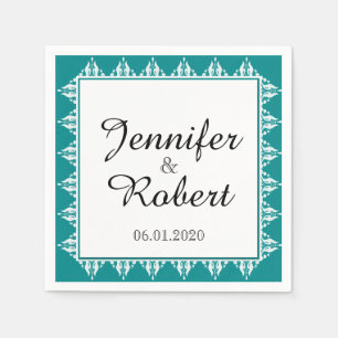 Guardanapo De Papel Casamento de Bordo de Filigre Branco e Teal Napkin