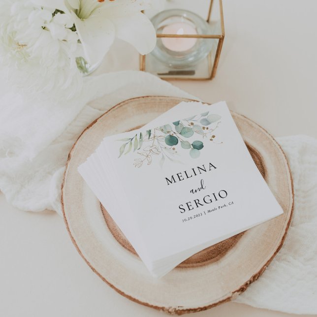 Guardanapo De Papel Casamento de Caligrafia das Folhas Verdes Douradas (Criador carregado)