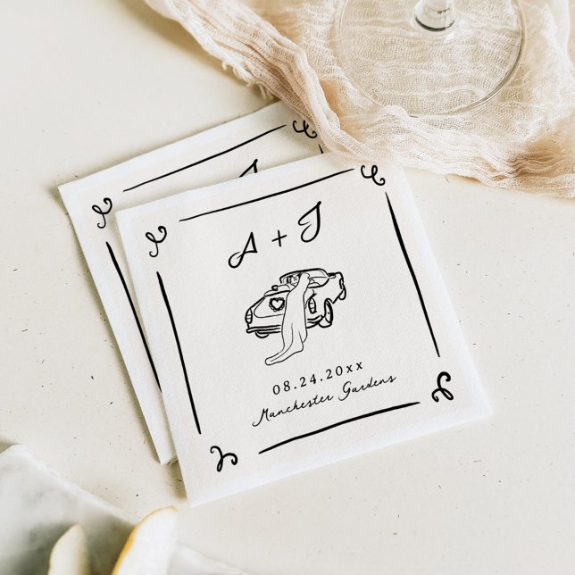 Guardanapo De Papel Casamento de Carro vintage Desenhado à Mão (Criador carregado)