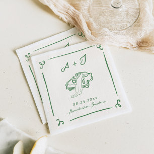 Guardanapo De Papel Casamento de Carro vintage Verde Desenhado à Mão B