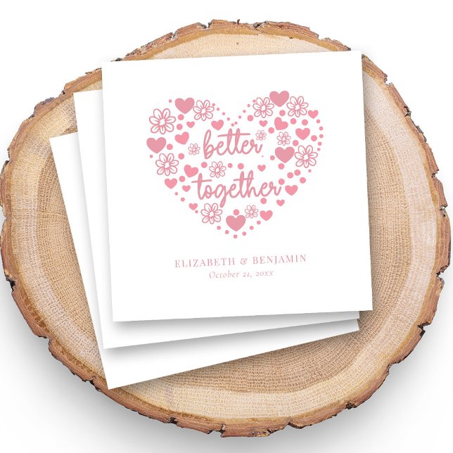 Guardanapo De Papel Casamento de Coração Rosa e Flor Personalizado (Elegant Wedding Napkins with Pink Hearts & Flowers)