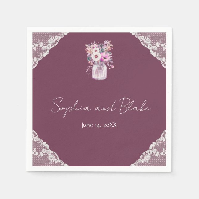 Guardanapo De Papel Casamento de Country Lace Mason Jar Burgundy (Frente)