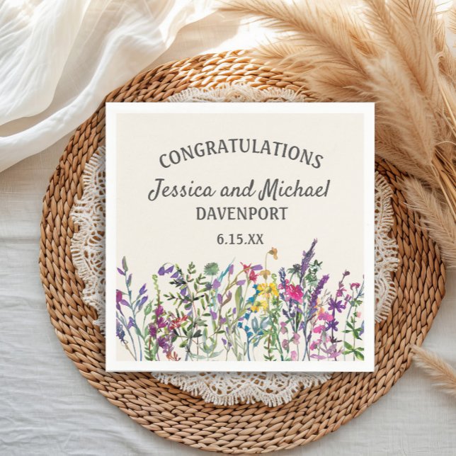 Guardanapo De Papel Casamento de Creme de Flores Selvagens de Aquarela (Custom watercolor wildflowers wedding/engagement paper napkins)