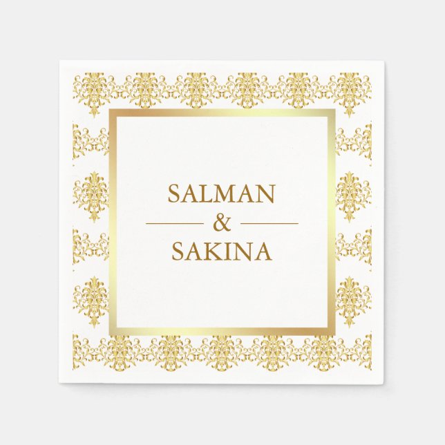 Guardanapo De Papel Casamento de Damasco Branco e Dourado (Frente)