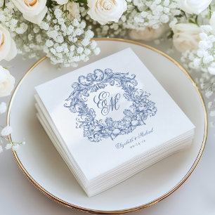 Guardanapo De Papel Casamento de Danos de Monograma de Vintagem Azul E