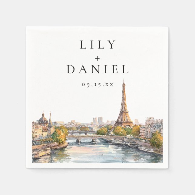Guardanapo De Papel Casamento de Destino em Paris França em Aquarela (Frente)