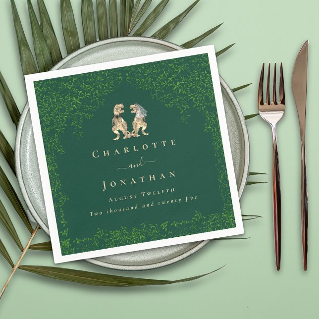 Guardanapo De Papel Casamento de Dinossauro Verde Escuro (dinosaur bride and groom wedding Jurassic eucalyptus foliage custom napkins)