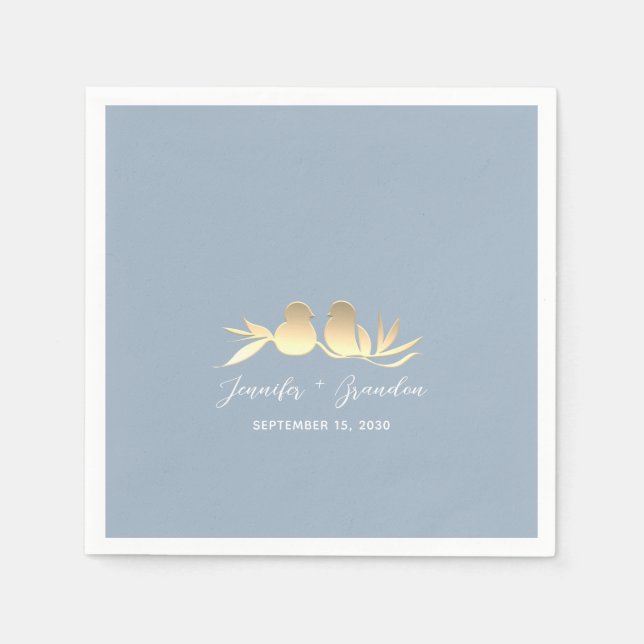 Guardanapo De Papel Casamento de Dusty Blue Dourado Lovebird (Frente)