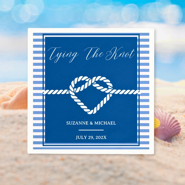 Guardanapo De Papel Casamento de faixas de Marinho Azul Azul (Nautical Navy Blue Tying Knot Stripes Wedding Napkins)