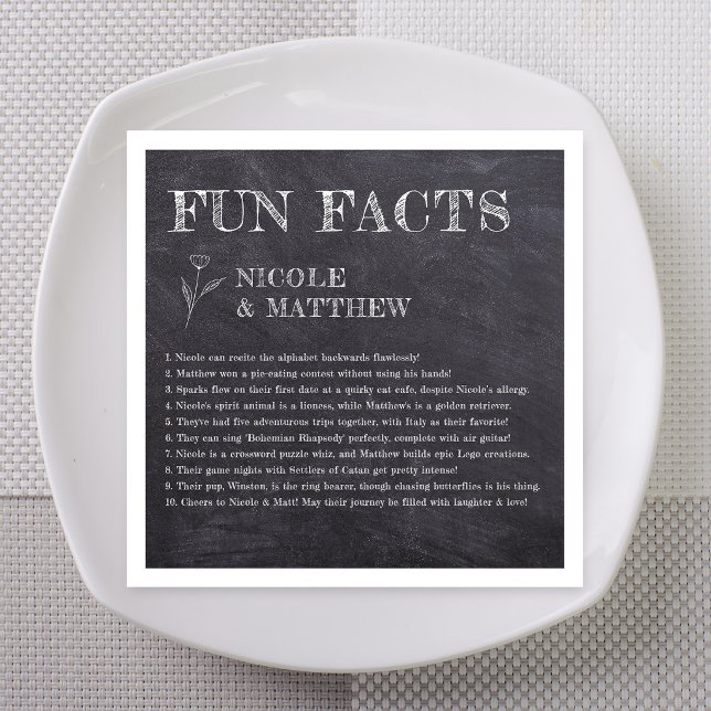 Guardanapo De Papel Casamento de Fatos Divertidos em Quadro Negro Rúst (Rustic Chalkboard Fun Facts Personalized Wedding Napkins)