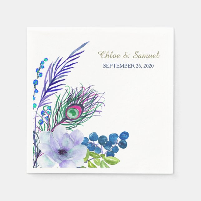 Guardanapo De Papel Casamento de Feather Floral Blue Boho (Frente)