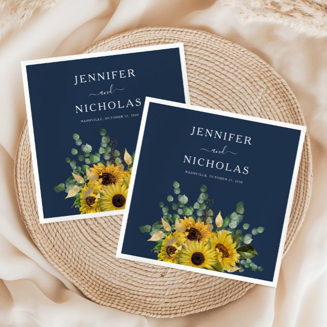 Guardanapo De Papel Casamento de Flor Floral Azul-Marinho Elegante (Elegant Navy Blue Floral Sunflower Wedding Napkins)
