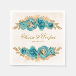 Guardanapo De Papel Casamento de Florais de Dourada Aquarela Teal e Cr