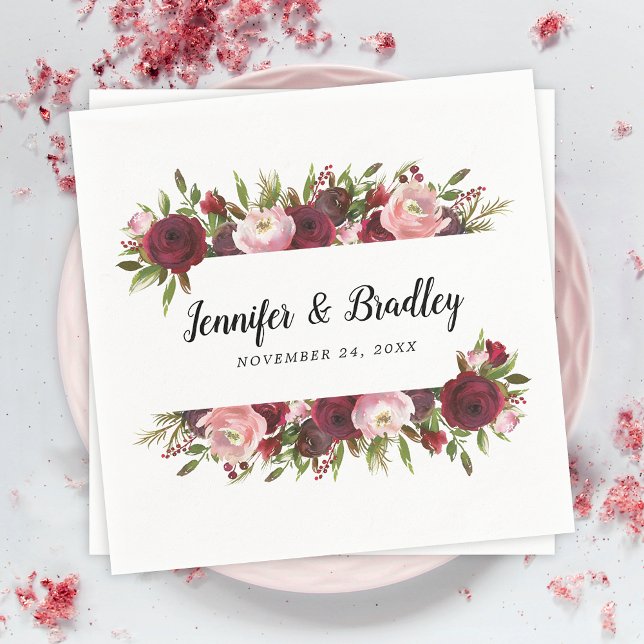 Guardanapo De Papel Casamento de Flores Burgundy Blush Rústico (Criador carregado)