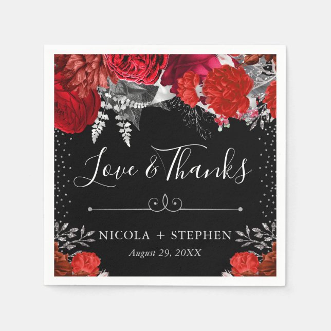 Guardanapo De Papel Casamento de Flores de Prata e Vermelho em Aquarel (Frente)