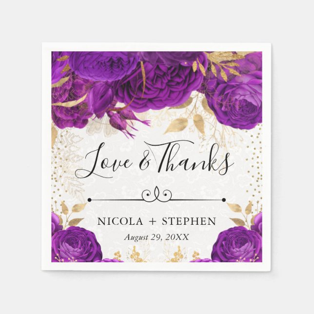 Guardanapo De Papel Casamento de Flores Douradas e Roxo (Frente)