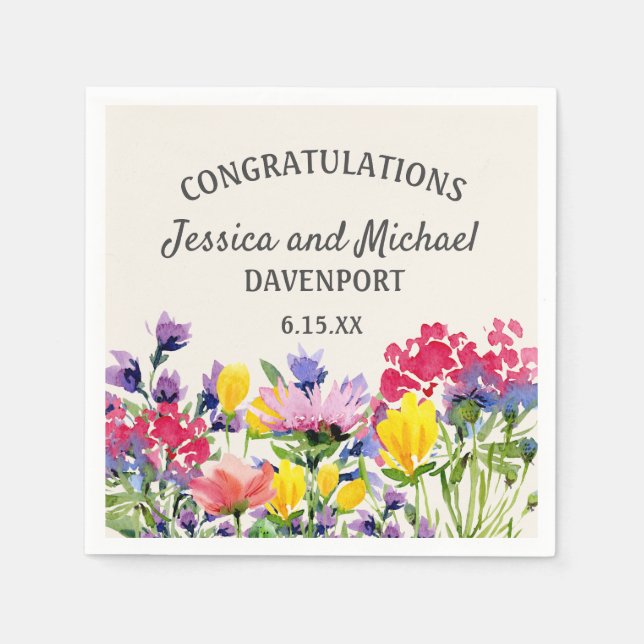 Guardanapo De Papel Casamento de Flores Selvagens Amarelas Roxas (Frente)