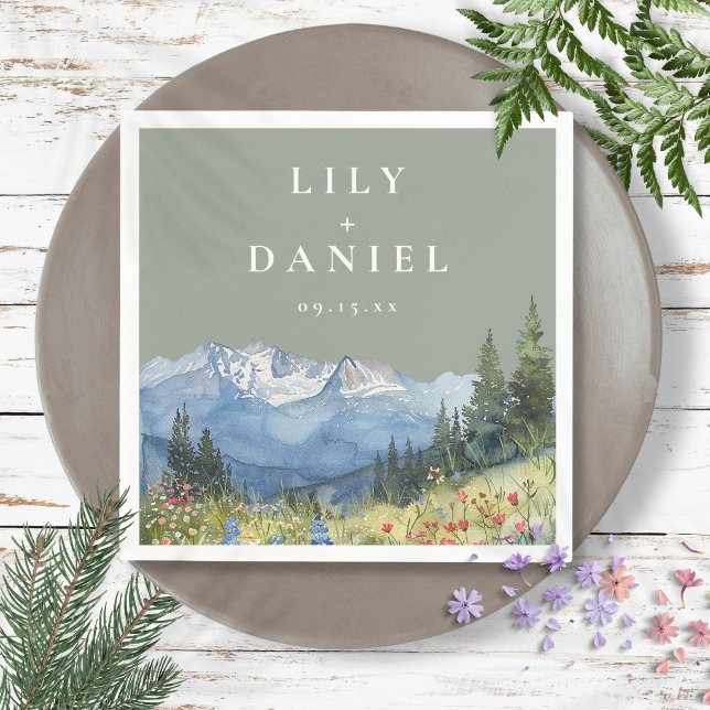 Guardanapo De Papel Casamento de Flores Silvestres da Montanha em Aqua (Sage Green Watercolor Mountain Wildflower Wedding Napkins)