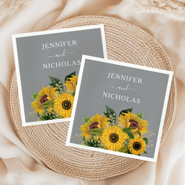 Guardanapo De Papel Casamento de flores solares de Cinzas Elegantes (Elegant Gray Sunflowers Wedding Napkins)