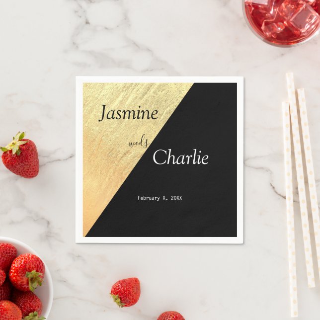 Guardanapo De Papel Casamento de Folha Negra e Ouro Moderno Elegante (Insitu)