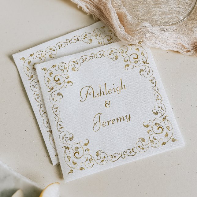 Guardanapo De Papel Casamento de Folhagem de Script Dourado Elegante (Criador carregado)