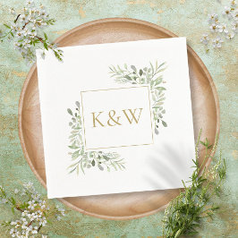 Guardanapo De Papel Casamento de Folhagem Verde com Monograma de Ouro