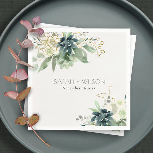 Guardanapo De Papel Casamento de Folhagem Verdes Suculentes Azul Elega