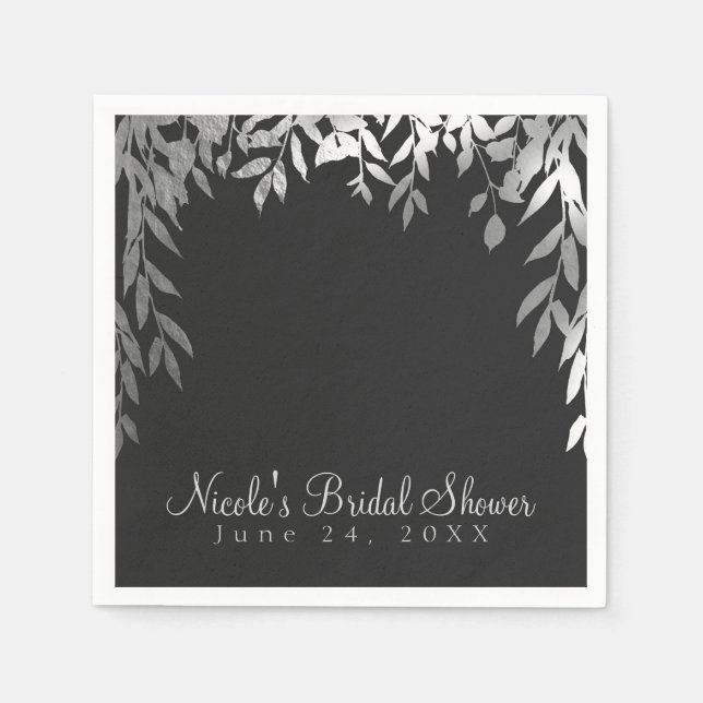 Guardanapo De Papel Casamento de Folhas Botânicas Glam Moderno Prata e (Frente)