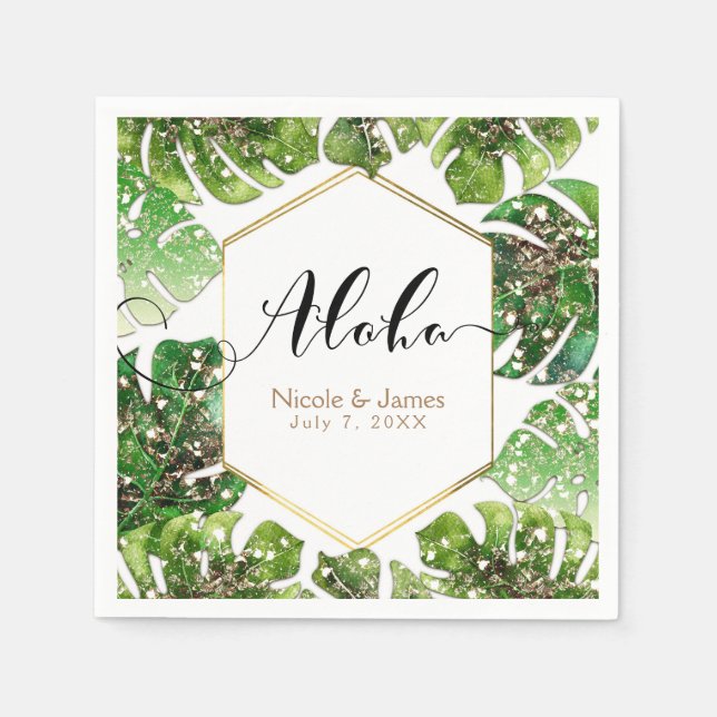 Guardanapo De Papel Casamento de Folhas Tropicais com Glitter Sparkle  (Frente)